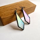 Iridescent white stained glass diamond shaped statement dangle earrings