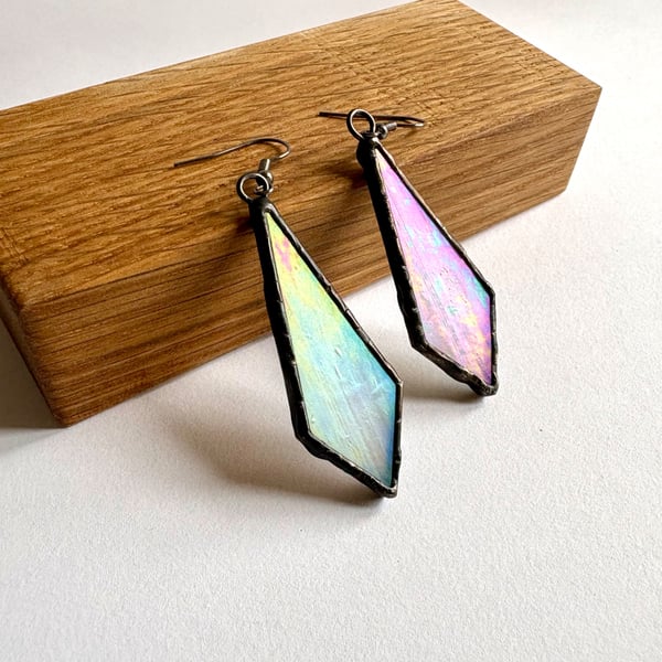 Iridescent white stained glass diamond shaped statement dangle earrings