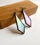 Iridescent white stained glass diamond shaped statement dangle earrings