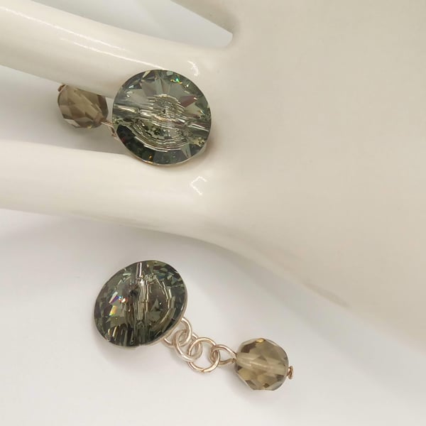 Round Cuff Links Made With Silver Night Crystal Elements Buttons, Gift for Him
