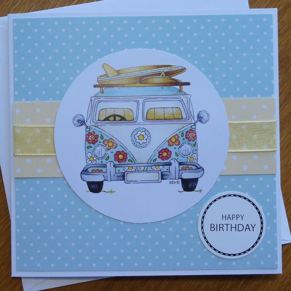 Mini Retro Flower Power Camper Van Birthday Card