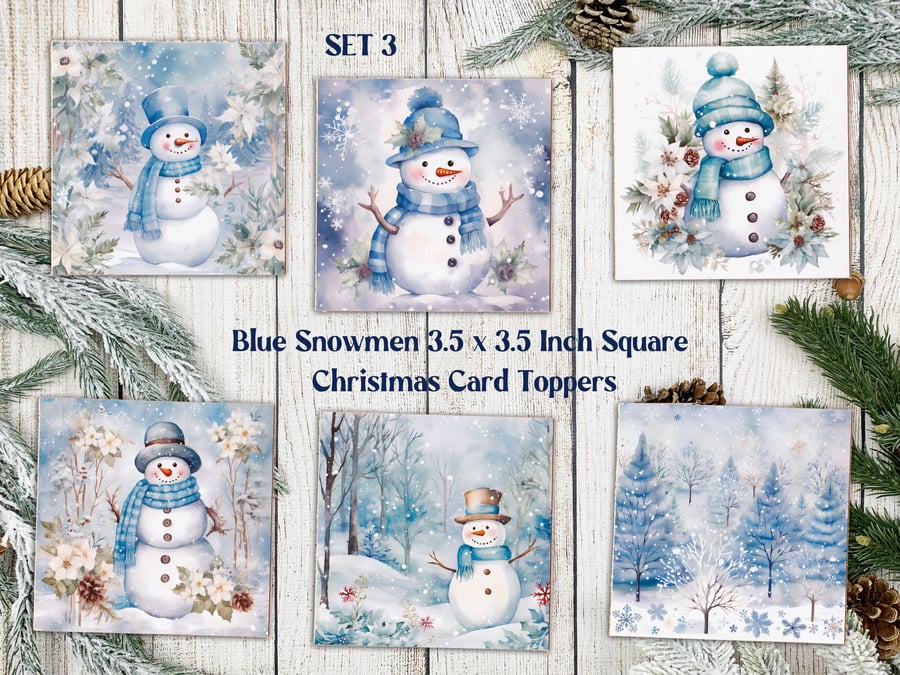 Blue Snowmen Square Christmas Card Toppers for Card Making, Journals, Tags