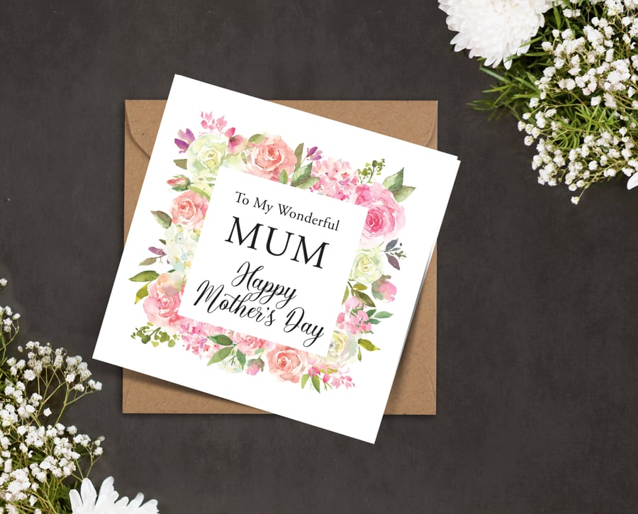 Pink and white roses floral frame MOTHERS DAY card to my wonderful MUM, Mam Nan