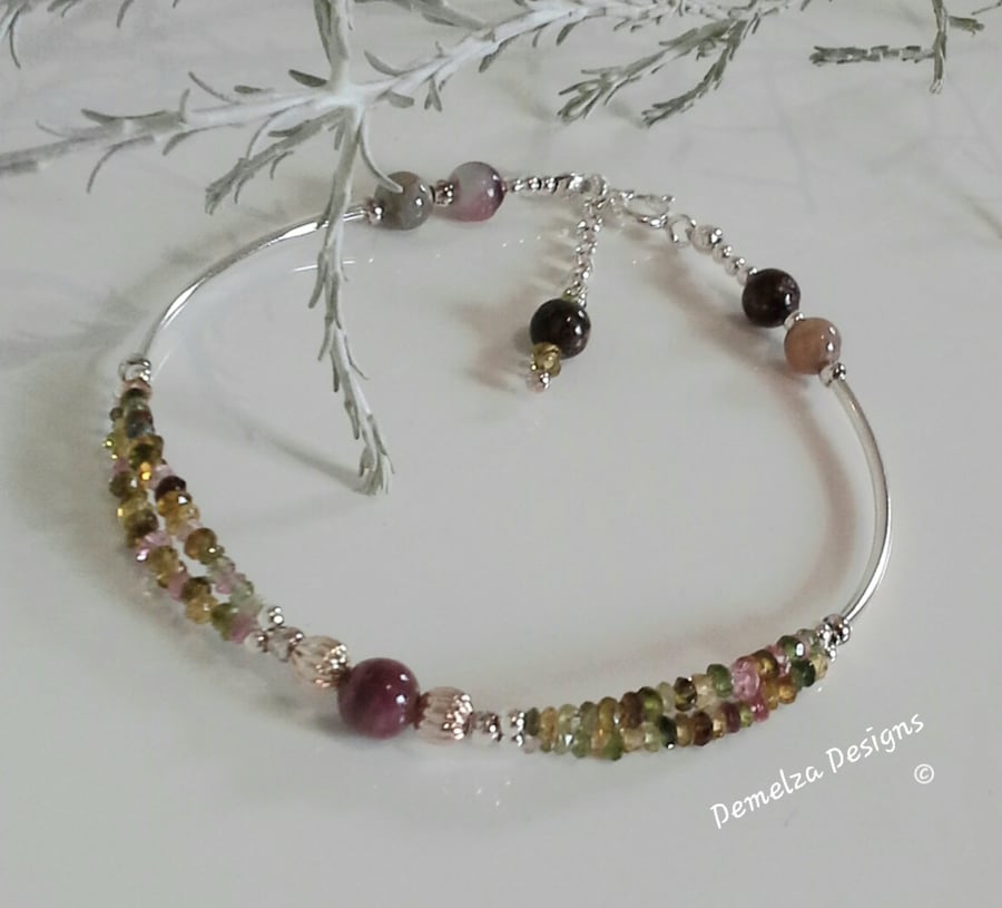 Designer Dainty Watermelon Tourmaline Sterling Silver Bracelet ONE OFF