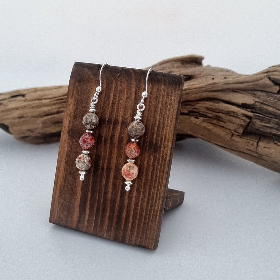 Natural Jasper Bead Earrings, 925 Sterling Silver