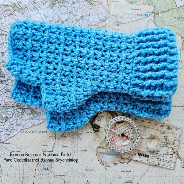 Sky Blue Crochet Fingerless Mitts, Soft DK Hand Warmers