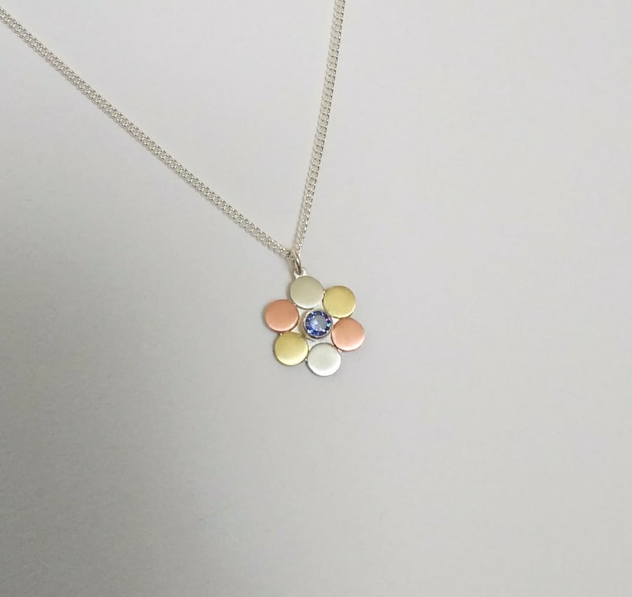 Pebbles Circle Flower Pendant, Silver, Brass & Copper, Blue Cubic Zirconia
