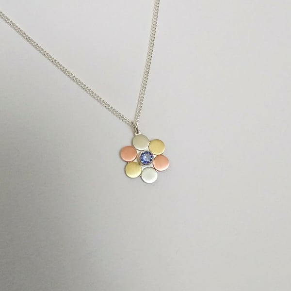 Pebbles Circle Flower Pendant, Silver, Brass & Copper, Blue Cubic Zirconia