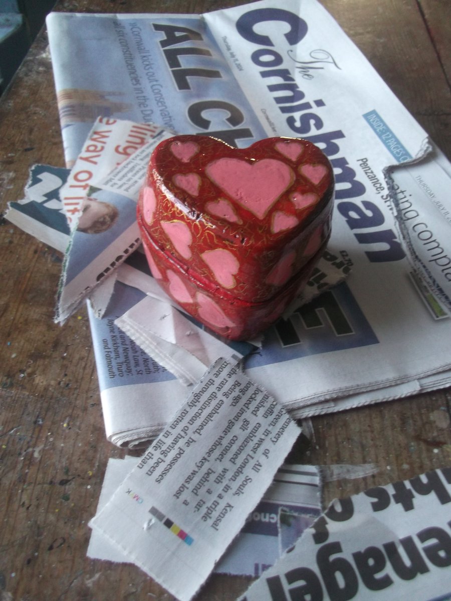 Heart shaped paper mache jewellery box, trinket box.