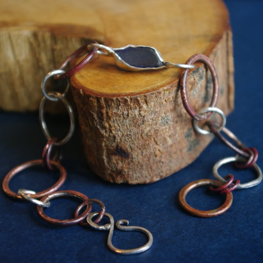 Chunky Silver and Copper Chain Bracelet with Blue Sea Glass