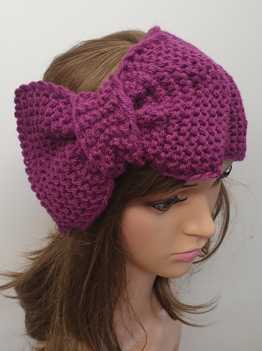 Hand knit headband women ear warmer large bow retro head wear