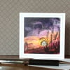Embroidered sunset landscape card. 