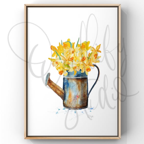 Watercolour Print Vintage Watering Can Full of Daffodils