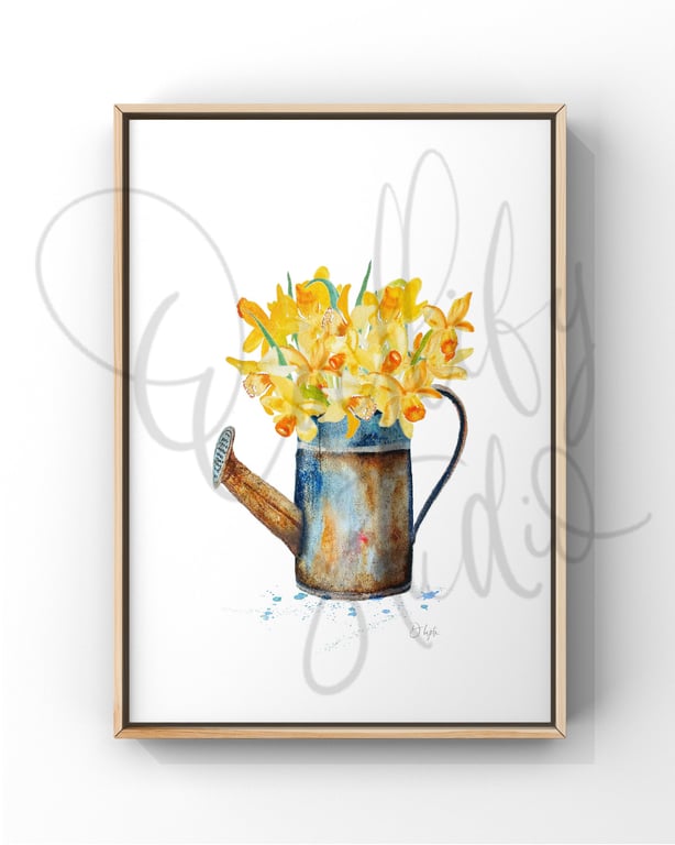 Watercolour Print Vintage Watering Can Full of Daffodils