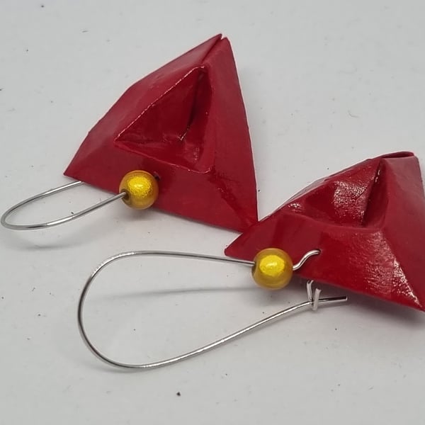 Geometric red triangle paper earrings 