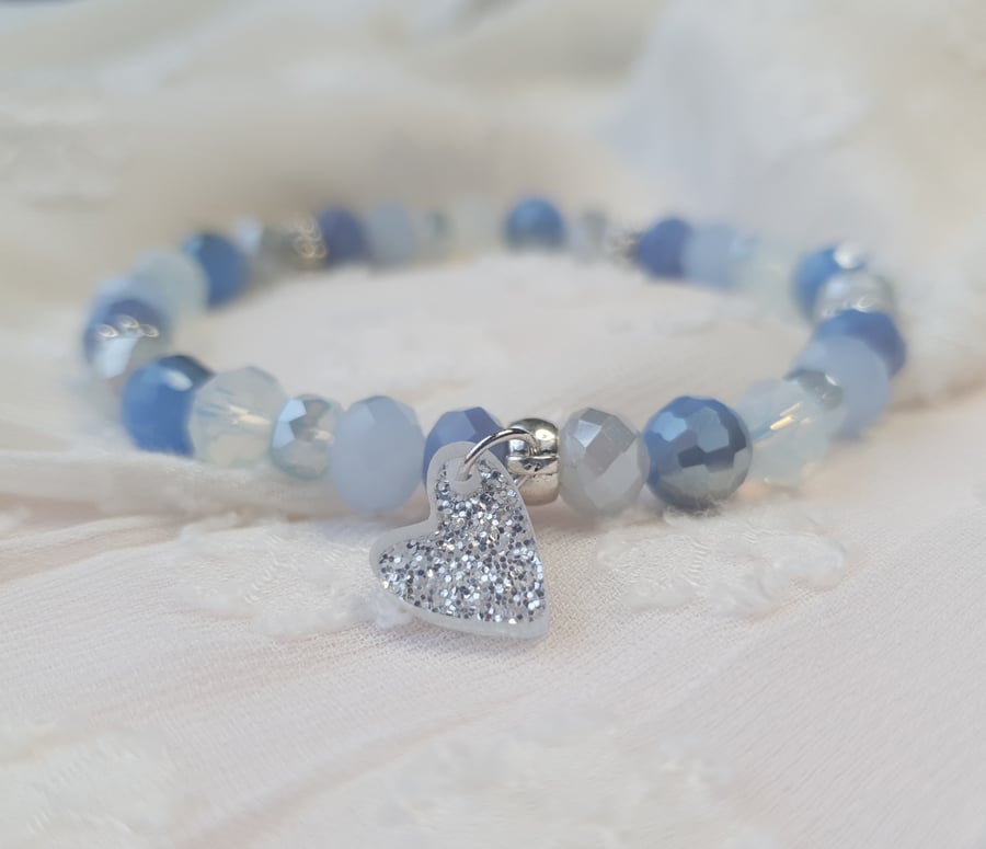 Elasticated Bracelet - Valentines - Blue & Silver Mixed Bead - Glitter Heart 