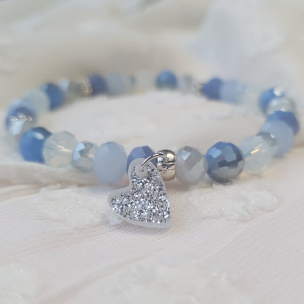 Elasticated Bracelet - Valentines - Blue & Silver Mixed Bead - Glitter Heart 