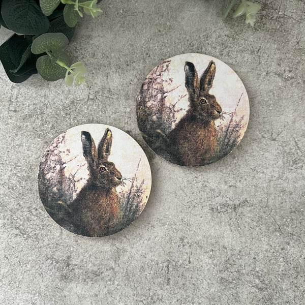 Bamboo Coasters Set of 2: Decoupage Hare - Home Decor, Dining, Gifts, Kitchen