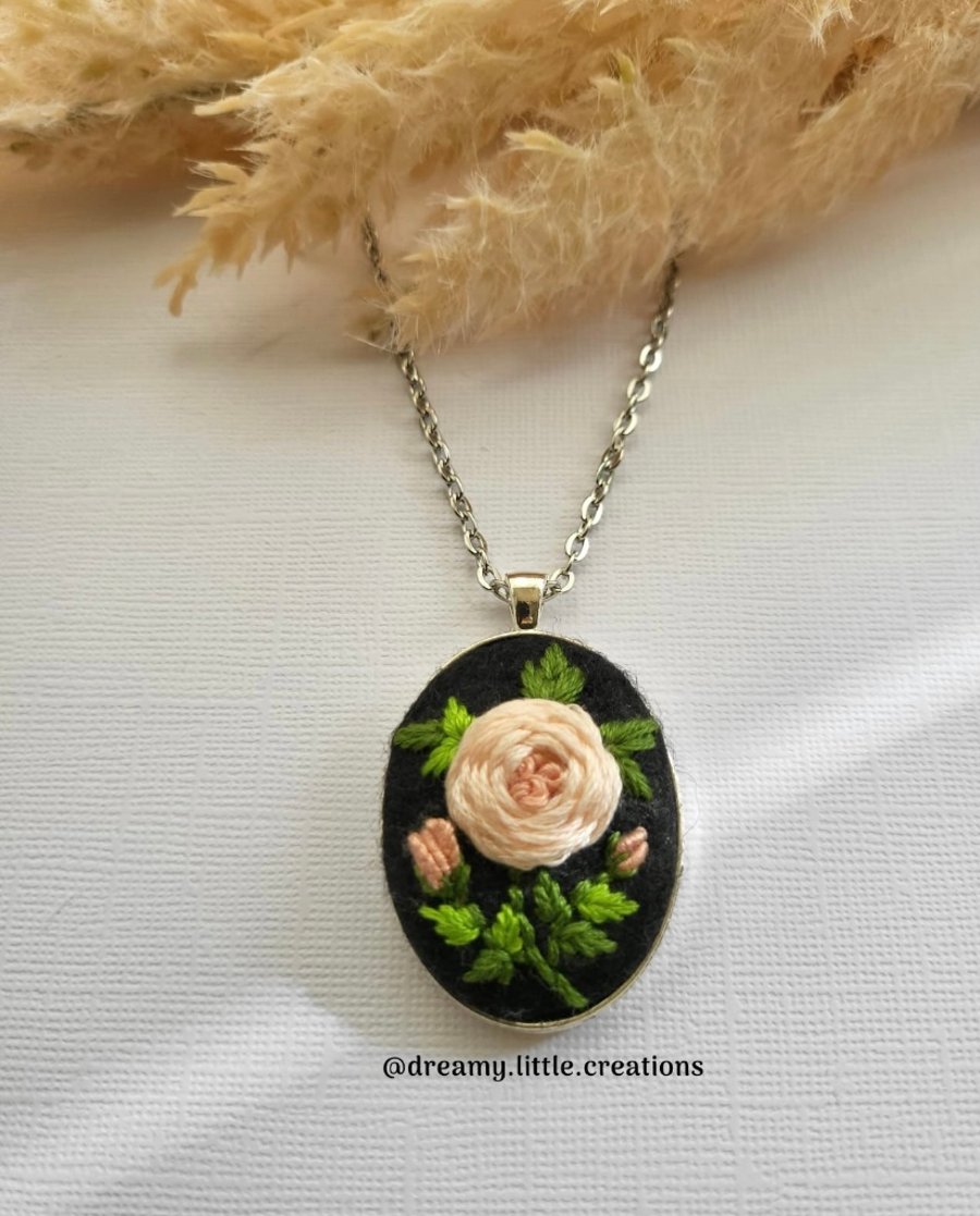 Tea Rose necklace,Floral necklace,Hand embroidered necklace,Rose necklace,Embroi