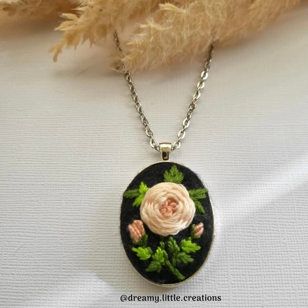 Tea Rose necklace,Floral necklace,Hand embroidered necklace,Rose necklace,Embroi