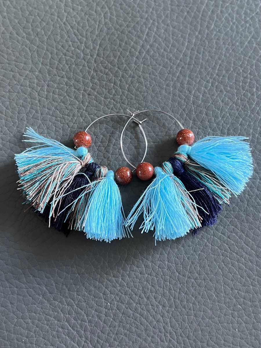 Handmade Blue Tassels Earrings- Boho Fringe Earrings 