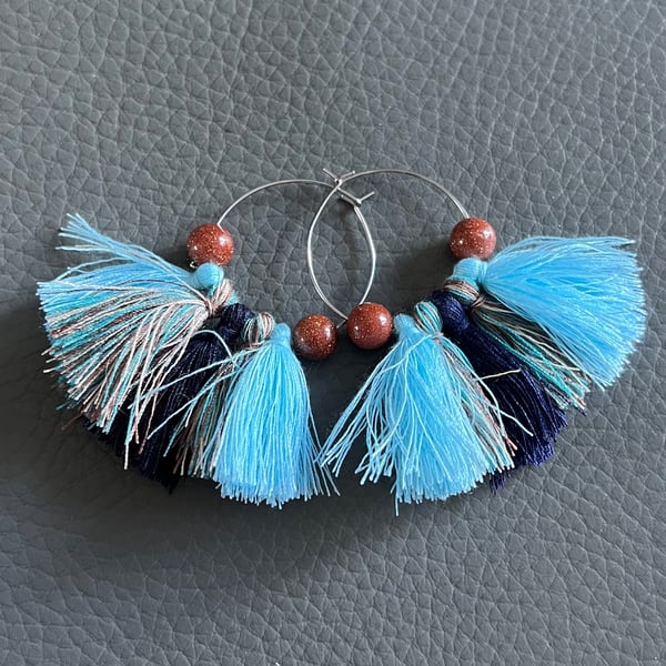 Handmade Blue Tassels Earrings- Boho Fringe Earrings 