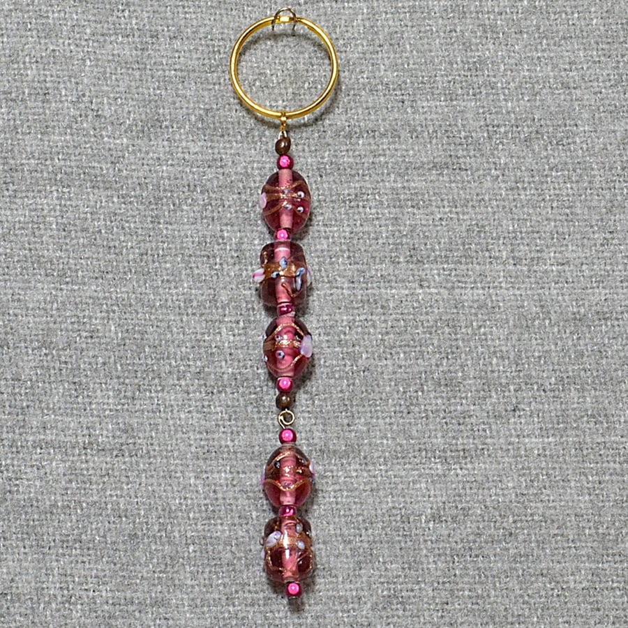 Keyring or Bag Charm – with Decorative Pink Glass and Deep Pink Miracle Beads