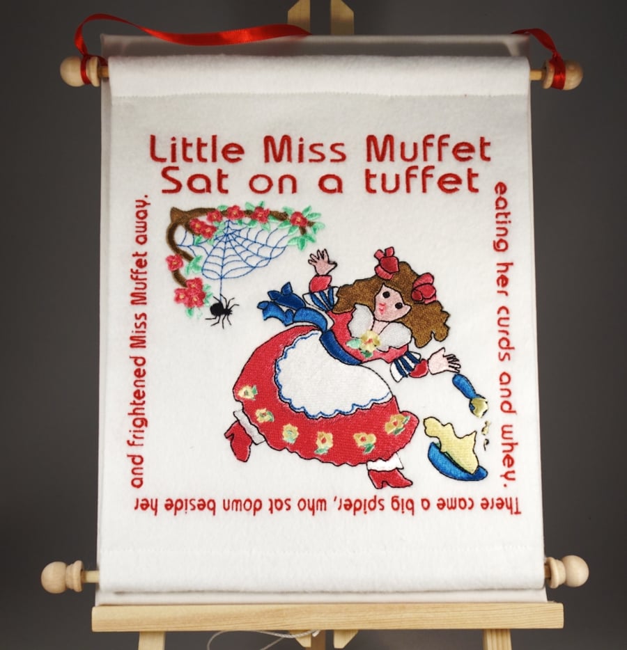 Little Miss Muffet. Hand Crafted, Embroidered Nursery Rhyme Wall Hanger