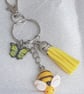 SALE - Beautiful Yellow and Bee Keyring - Key Chain Bag Charm - Silver Tone - Image 5