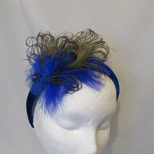 Royal Blue Peacock Feather Velvet Headband 