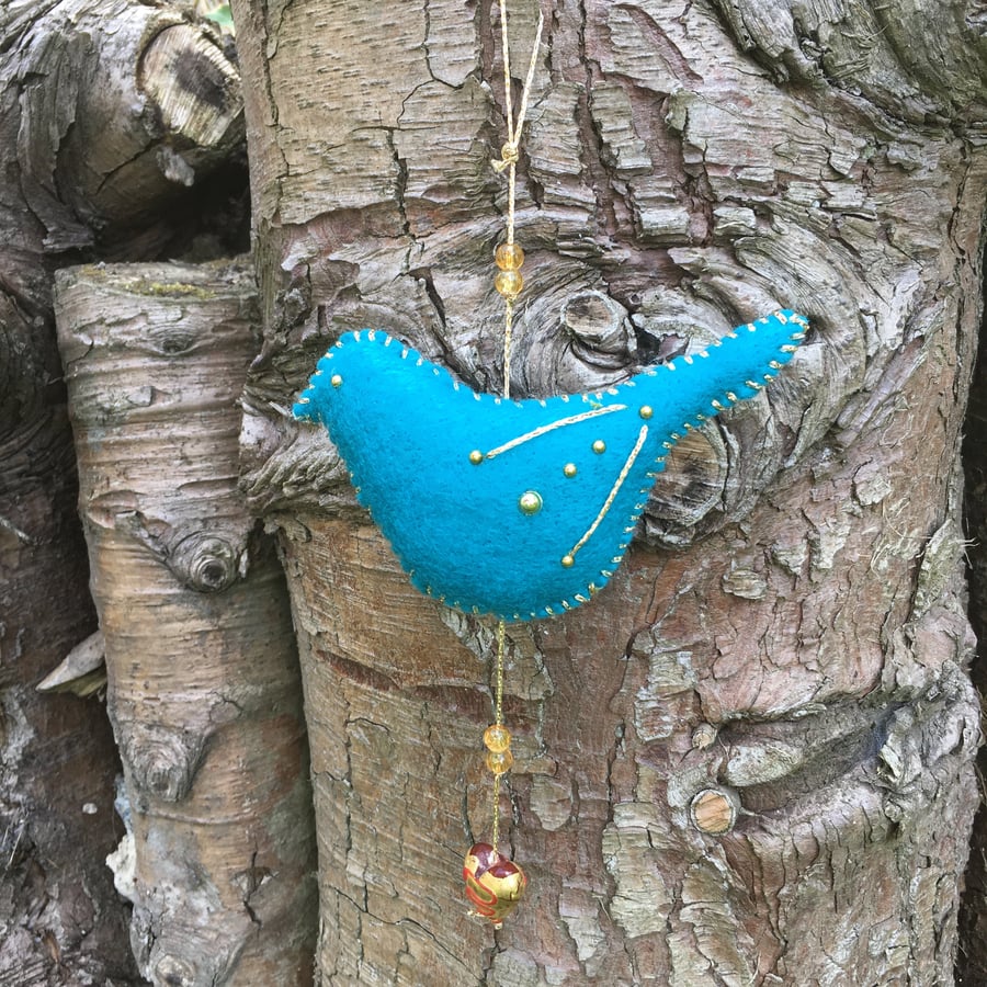Hanging blue felt bird decoration