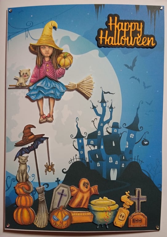 Happy Halloween Card Witch Cats Broomstick Spooky House 3D Luxury Handmade Card