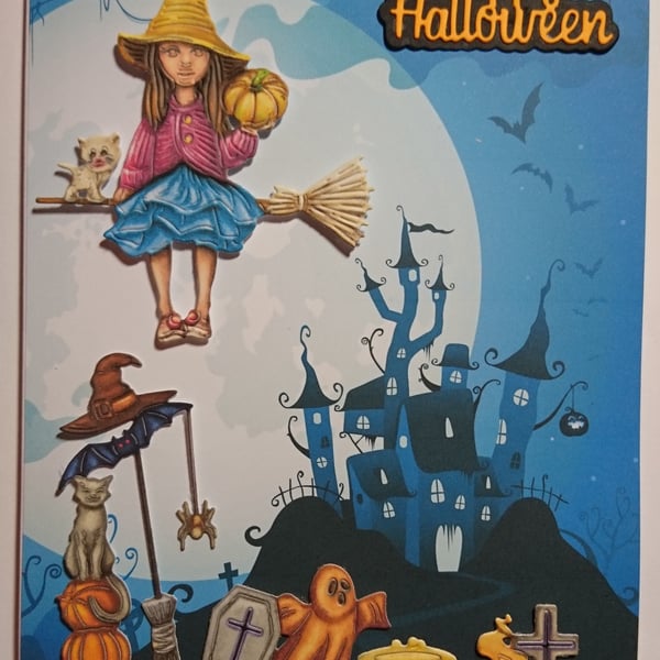 Happy Halloween Card Witch Cats Broomstick Spooky House 3D Luxury Handmade Card