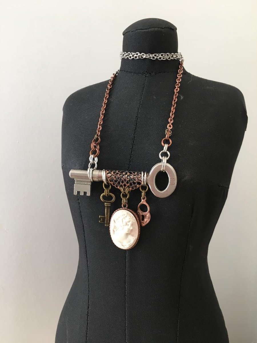 Upcycled key featured with vintage cameo charm statement necklace 