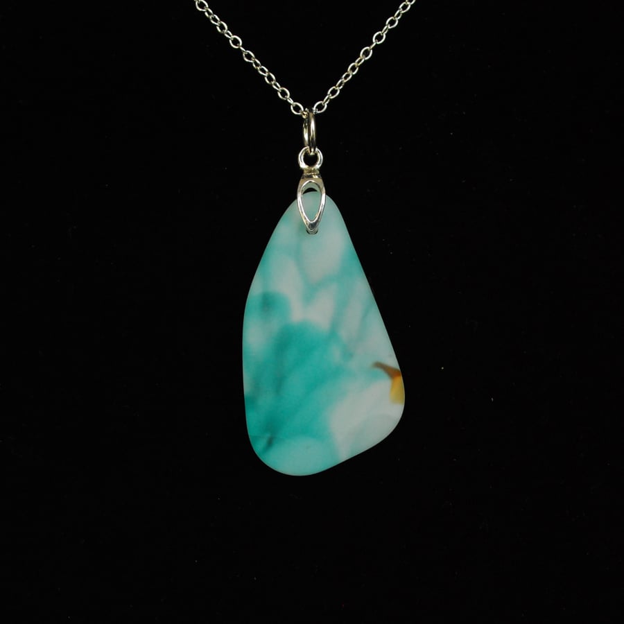 Marbled turquoise beach glass pendant
