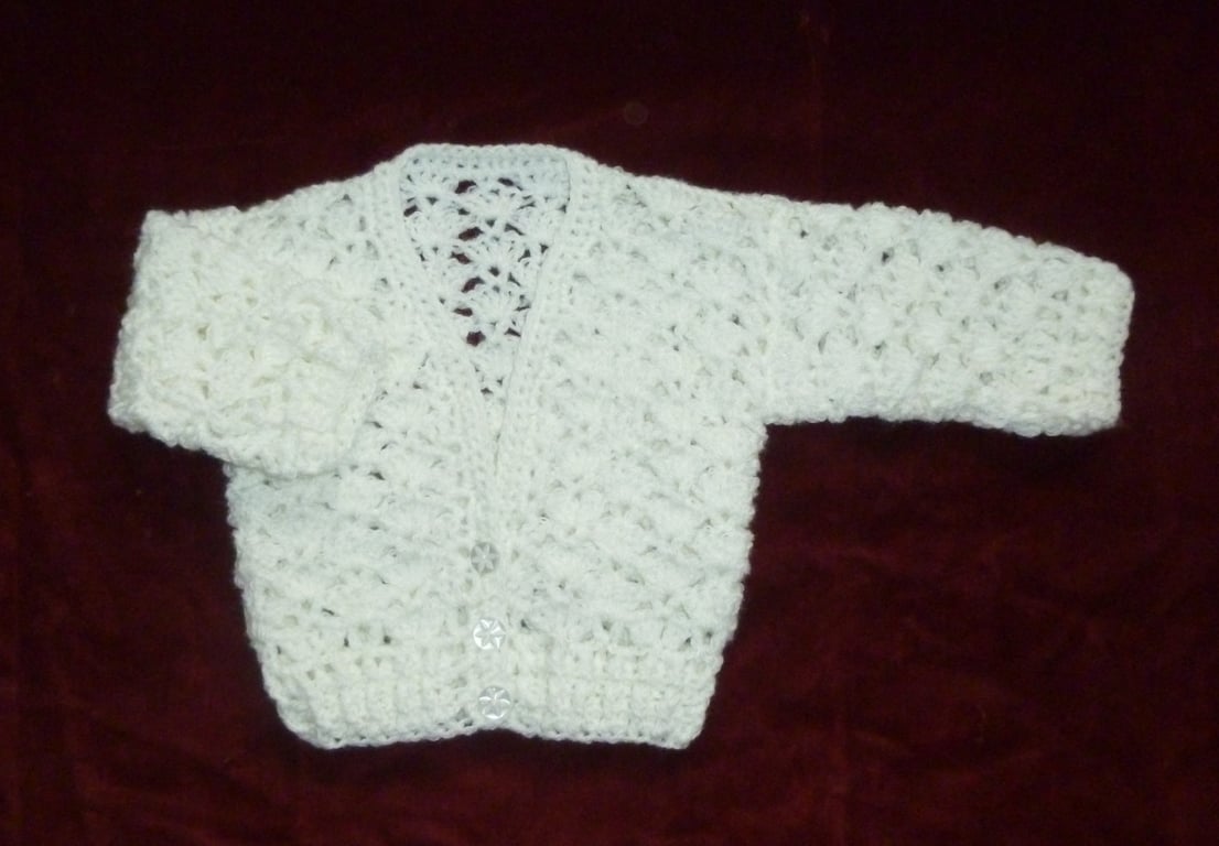 crochet lacy new baby CREAM cardigan gift. ( ref FA 618 N1 )