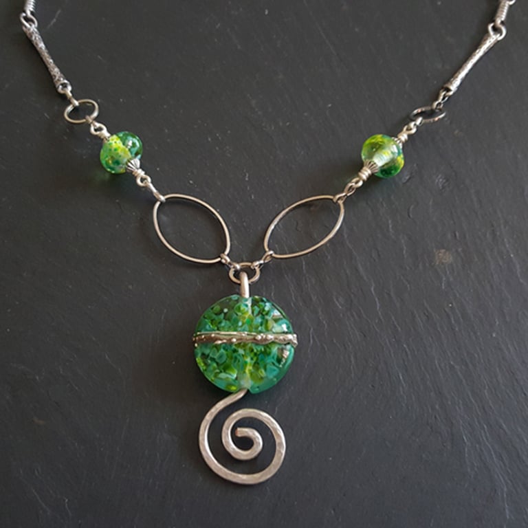 Green Lampwork Glass Wirework Necklace with Silver Spiral Pendant