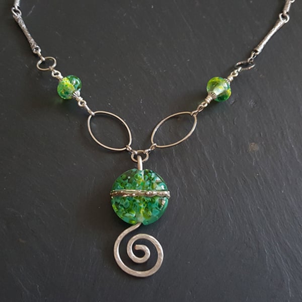 Green Lampwork Glass Wirework Necklace with Silver Spiral Pendant