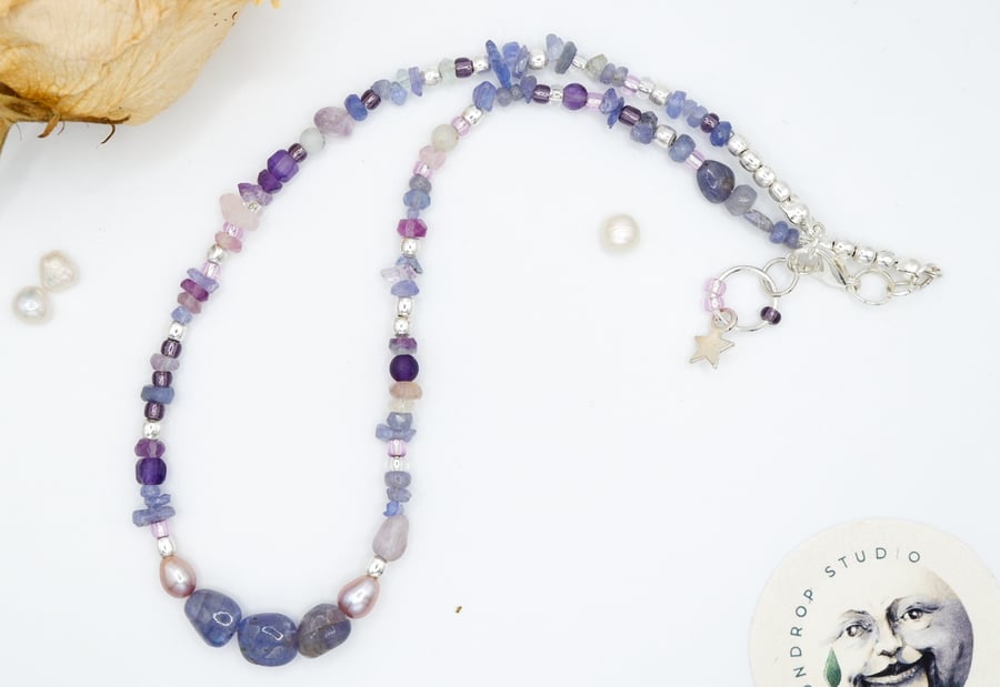 Freshwater Pearl Necklace Tanzanite & Multi-Gemstone Choker 