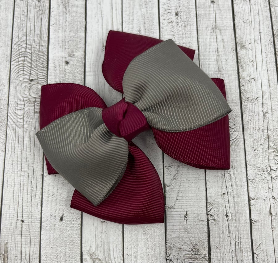 School Wine and Grey Top Knot Bow on Clip