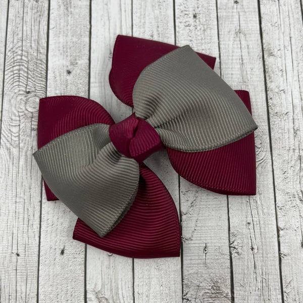 School Wine and Grey Top Knot Bow on Clip