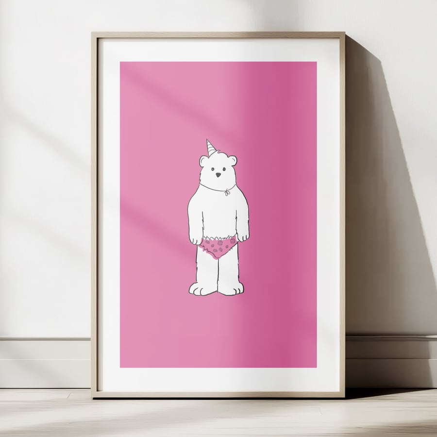 Party Pablo - Kids Birthday Wall Art - A4 Children's Bedroom Print - Polar Bear