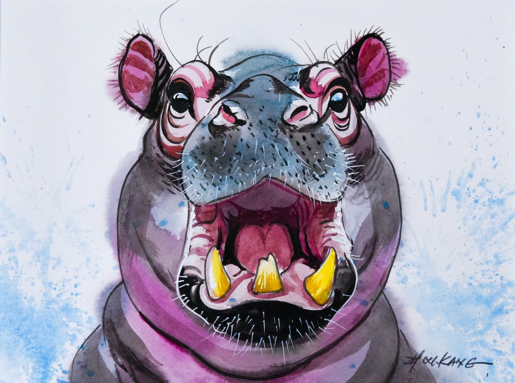 Hippo Watercolour Painting – Original Still Life – Fun & Delightful