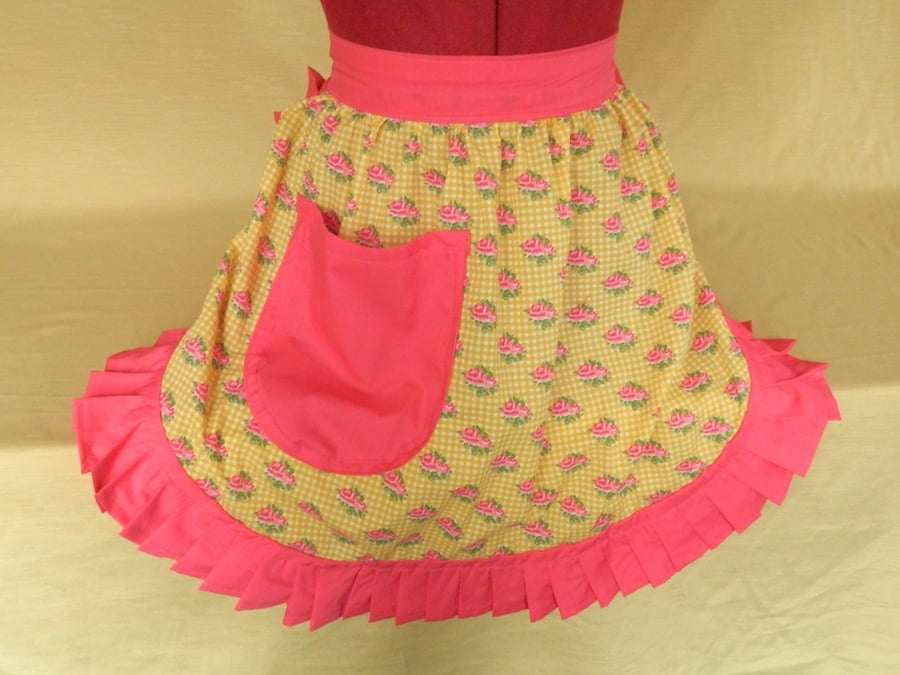 Vintage 50s Style Half Apron Pinny - Yellow & Pink with Pink Roses