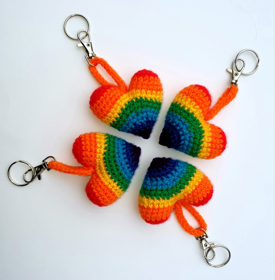 Crocheted rainbow heart keyring bag charm Folksy