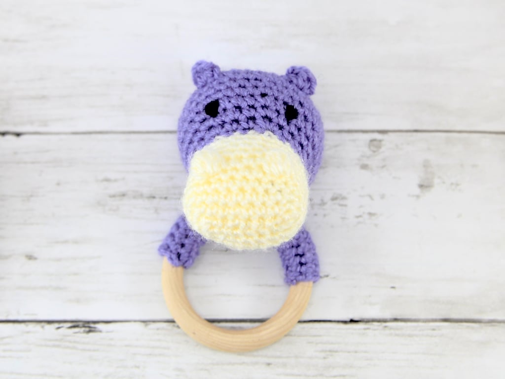 Crochet Hippo Teething Ring: Wooden Rattle, Newborn Gift