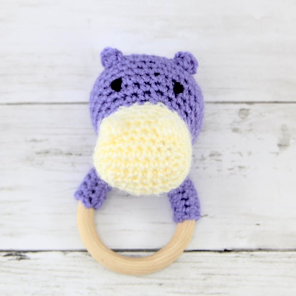 Crochet Hippo Teething Ring: Wooden Rattle, Newborn Gift