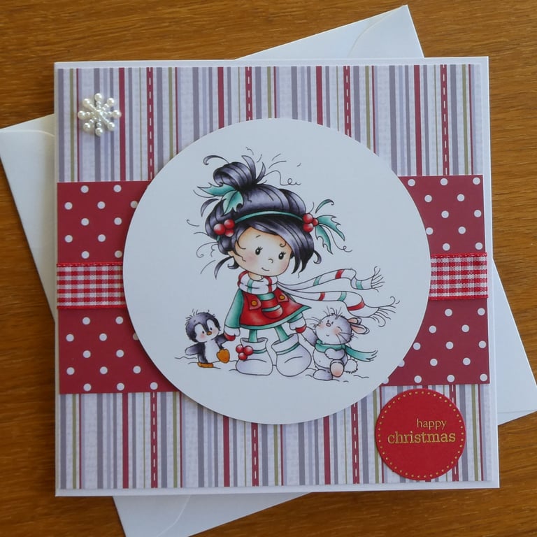 Little Girl with Penguin and Rabbit Christmas Card - Happy Christmas