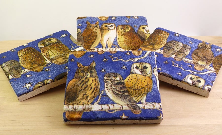 Set of 4 Marble 'Night Owl' Coasters