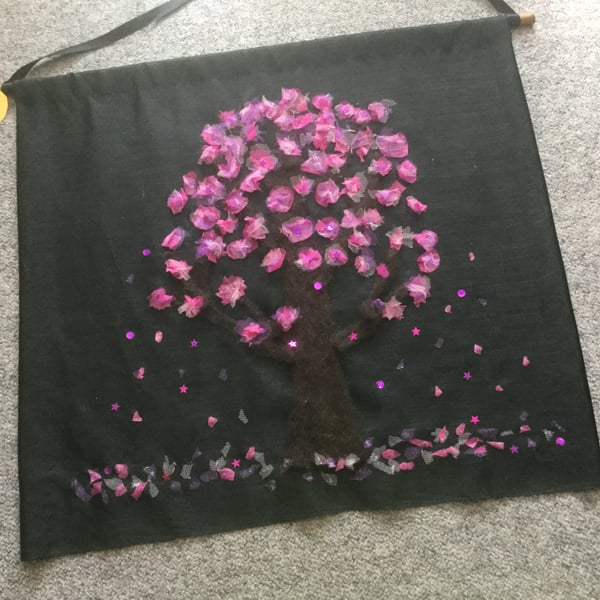 Cherry blossom silk wall hanging
